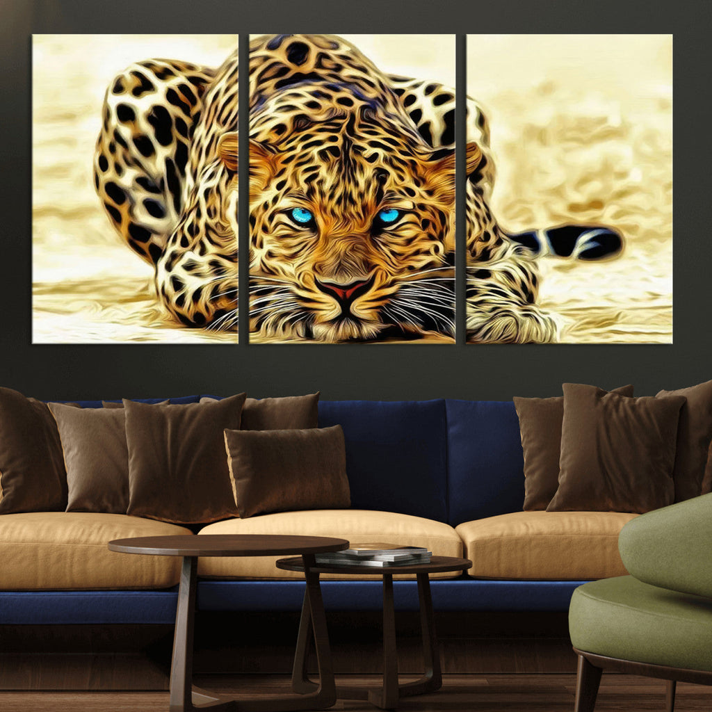 Blue-Eyed Leopard Canvas Wall Art, Framed Animal Print, Fierce and Bold Decor for Living Rooms