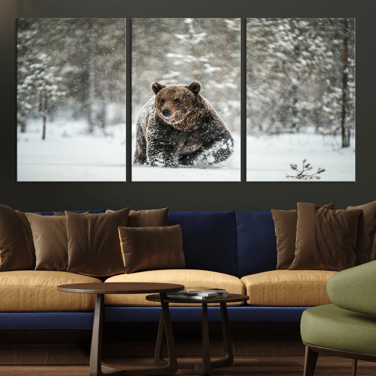 Grizzly Bear Wall Art | Framed Snowy Forest Canvas Artwork