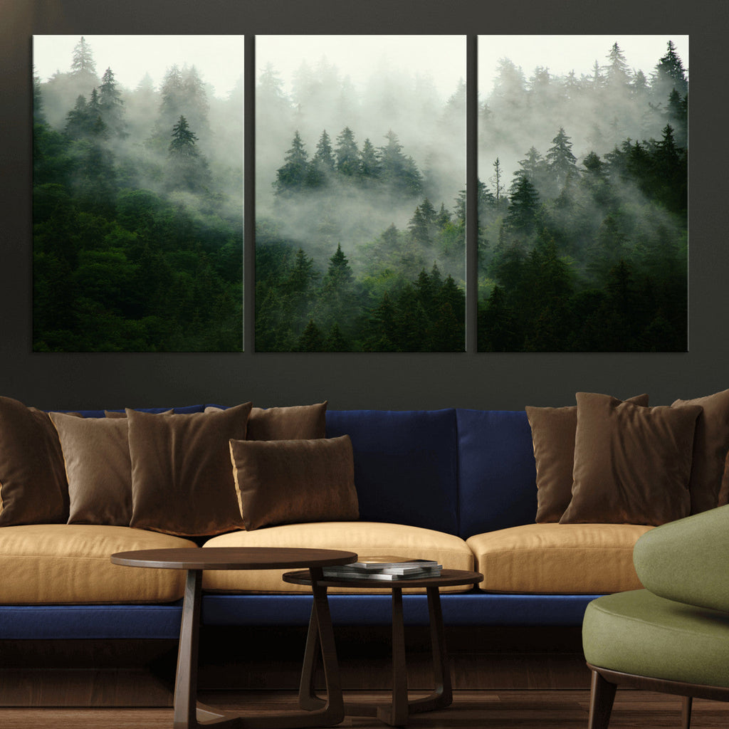 Misty Forest Wall Art | Tranquil Green Woodland Canvas Print