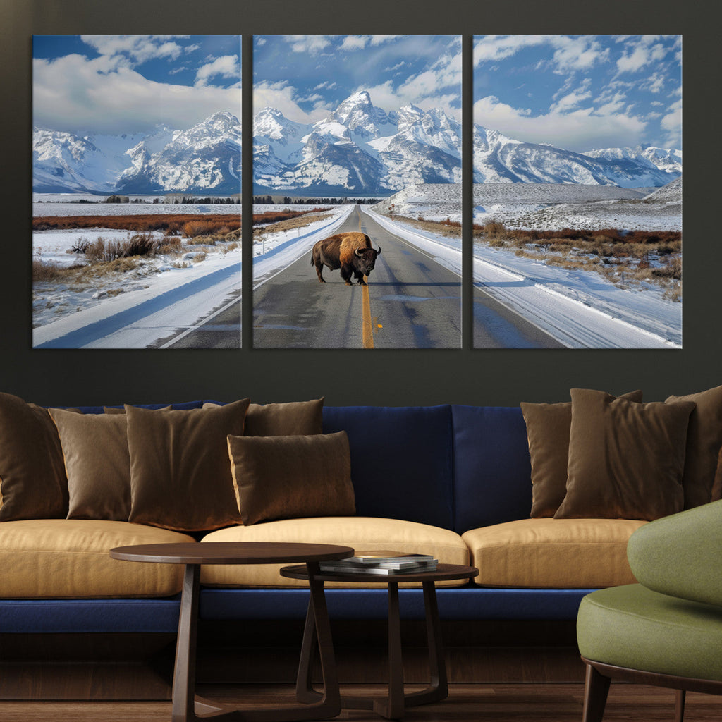 Bison Wall Art | Snowy Road Wall Art | Framed Mountain Landscape Canvas