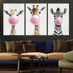 Bubblegum Animals Canvas Wall Art, Playful Giraffe and Zebra Trio, Whimsical Nursery and Kids Room Decor