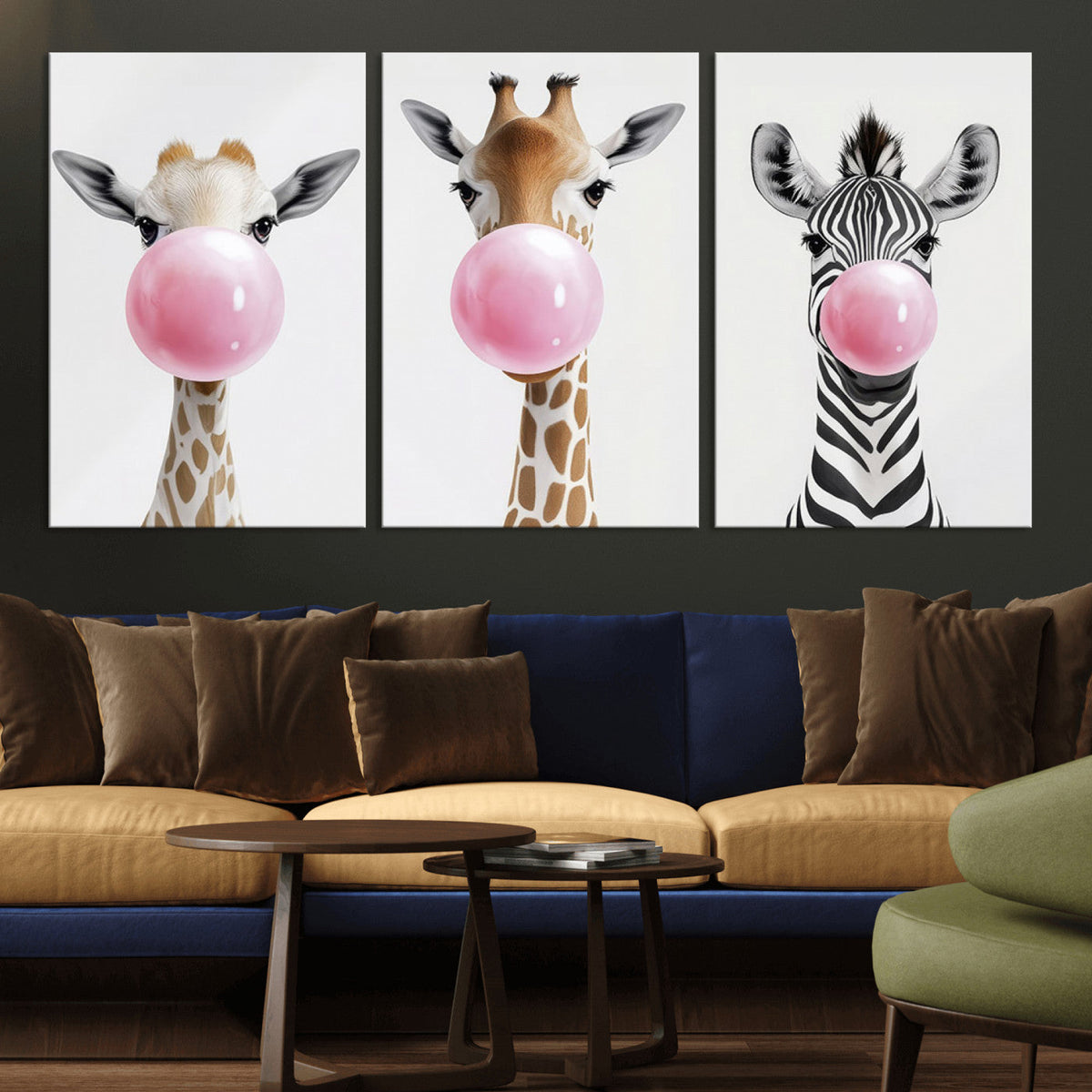 Bubblegum Animals Canvas Wall Art, Playful Giraffe and Zebra Trio, Whimsical Nursery and Kids Room Decor