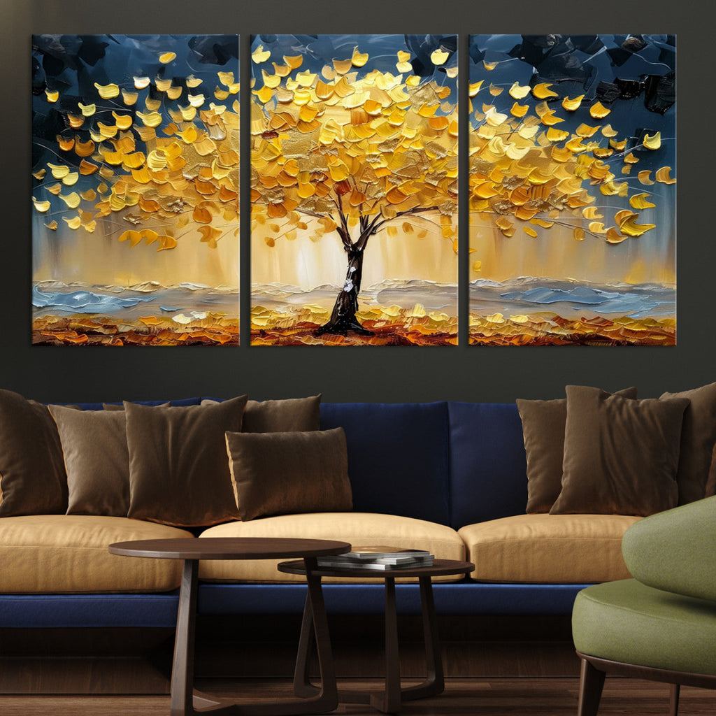 Golden Tree Wall Art | Framed Autumn Leaves Canvas Artwork