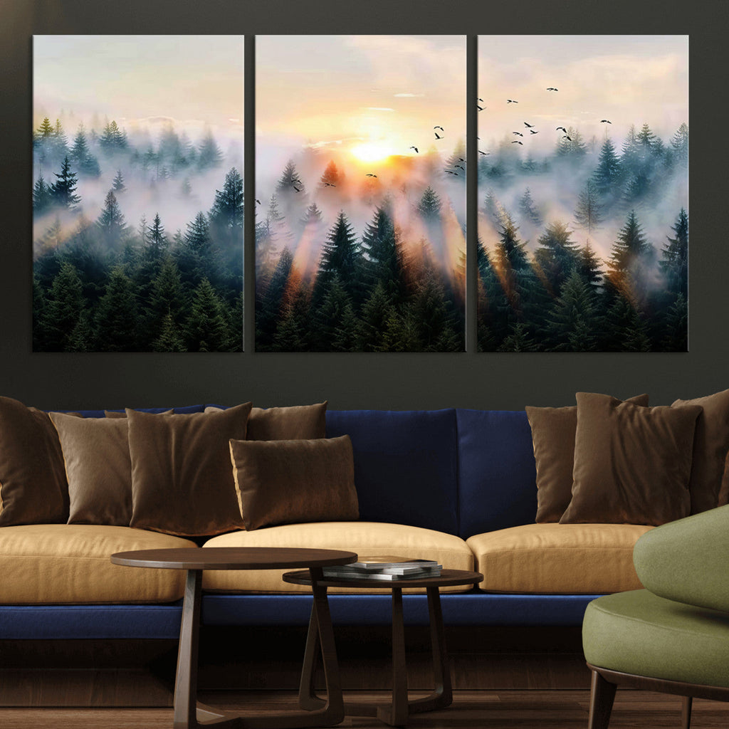 Abstract Forest Wall Art, Serene Nature Canvas Print with Misty Forest Design for Modern Home Decor