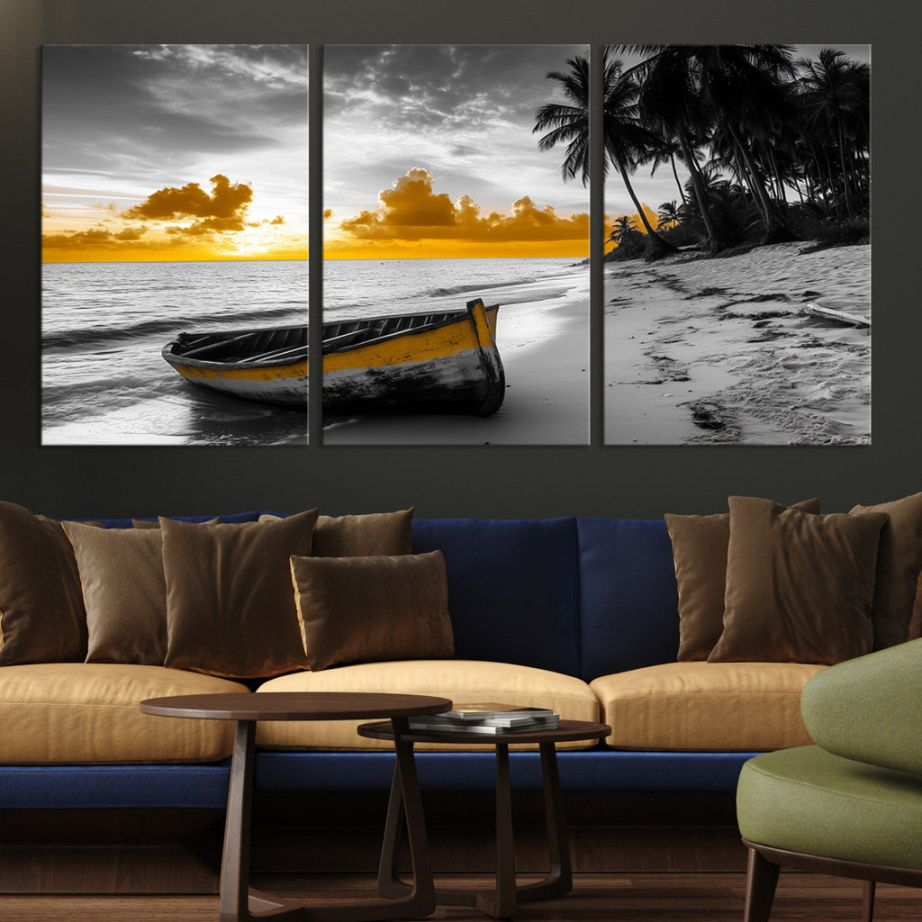 Yellow Rowboat Wall Art | Framed Tropical Shoreline Canvas