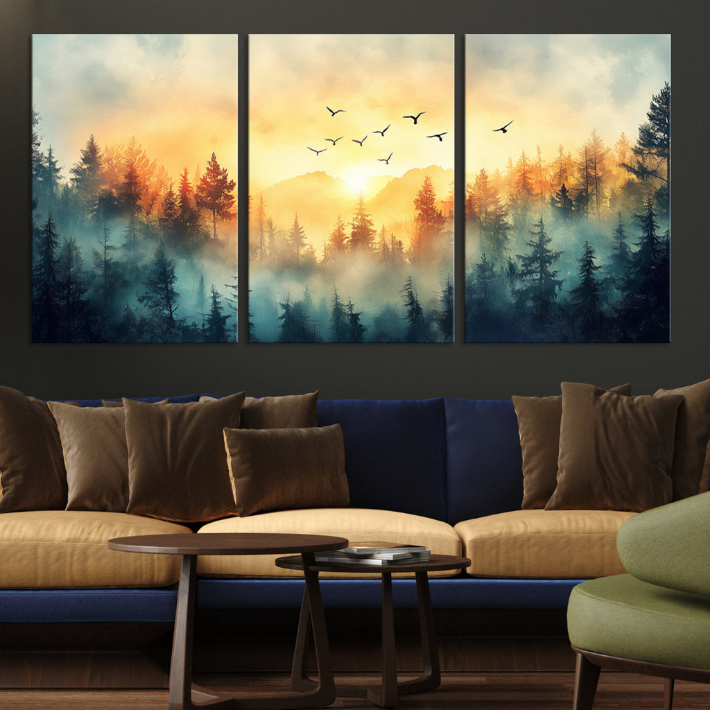 Sunrise Forest Wall Art | Framed Misty Pines Canvas Artwork
