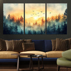 Sunrise Forest Wall Art | Framed Misty Pines Canvas Artwork