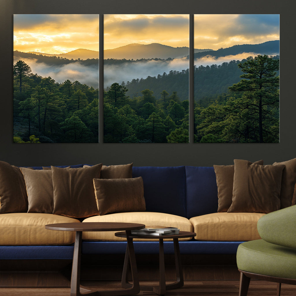 Mountain Sunrise Wall Art | Framed Pine Forest Canvas