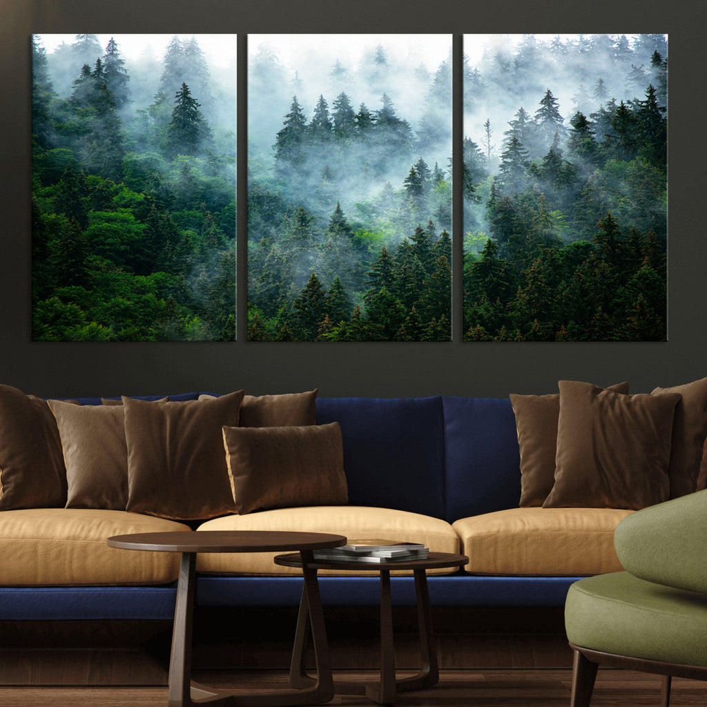 Misty Forest Wall Art Canvas Print, Framed Foggy Mountain Art, Large Scenic Woodland Canvas