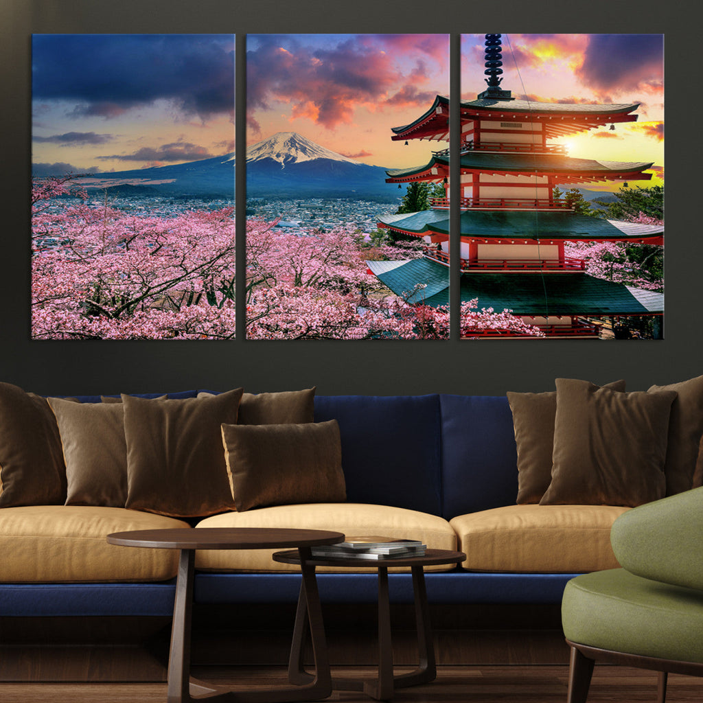Mount Fuji Cherry Blossom Wall Art Canvas Print | Framed Pagoda Sunset