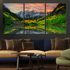 Sunset Glow Mountain Wall Art Canvas Print | Peaks, Green Forest and Lake