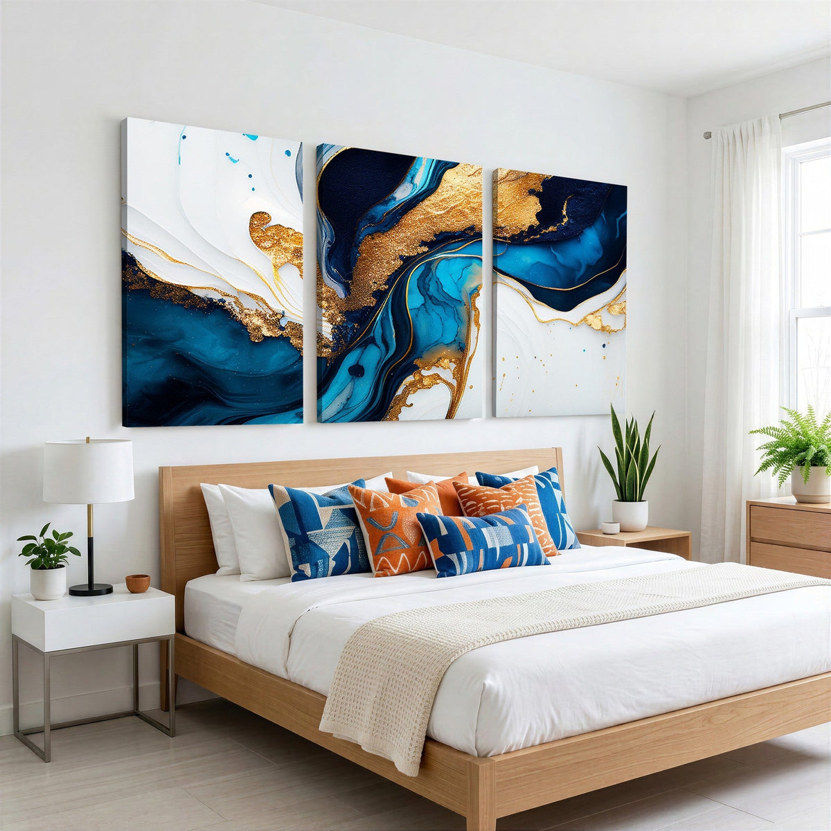 Gold Blue Abstract Canvas Print, Elegant Navy and Gold Marble Flow