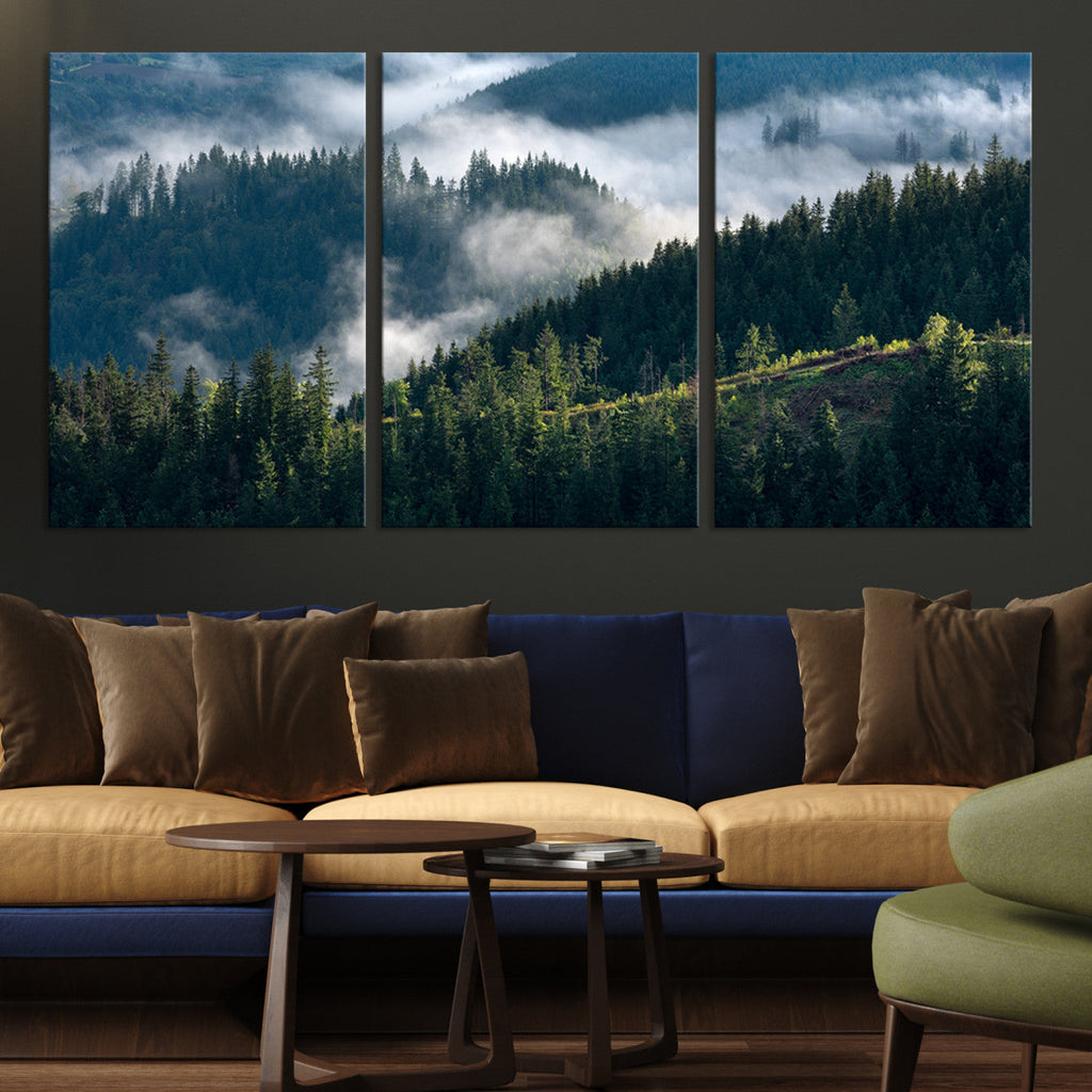 Misty Forest Wall Art Canvas Print | Pine Hills with Foggy Trees