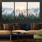 Misty Pine Forest Wall Art Canvas, Sunrise Over Foggy Trees