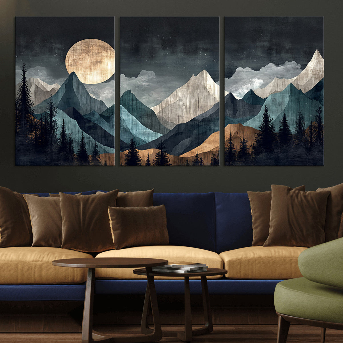 Moonlit Mountain Wall Art Canvas Print, Framed Silhouetted Pines Art, Layered Peaks Rustic Decor