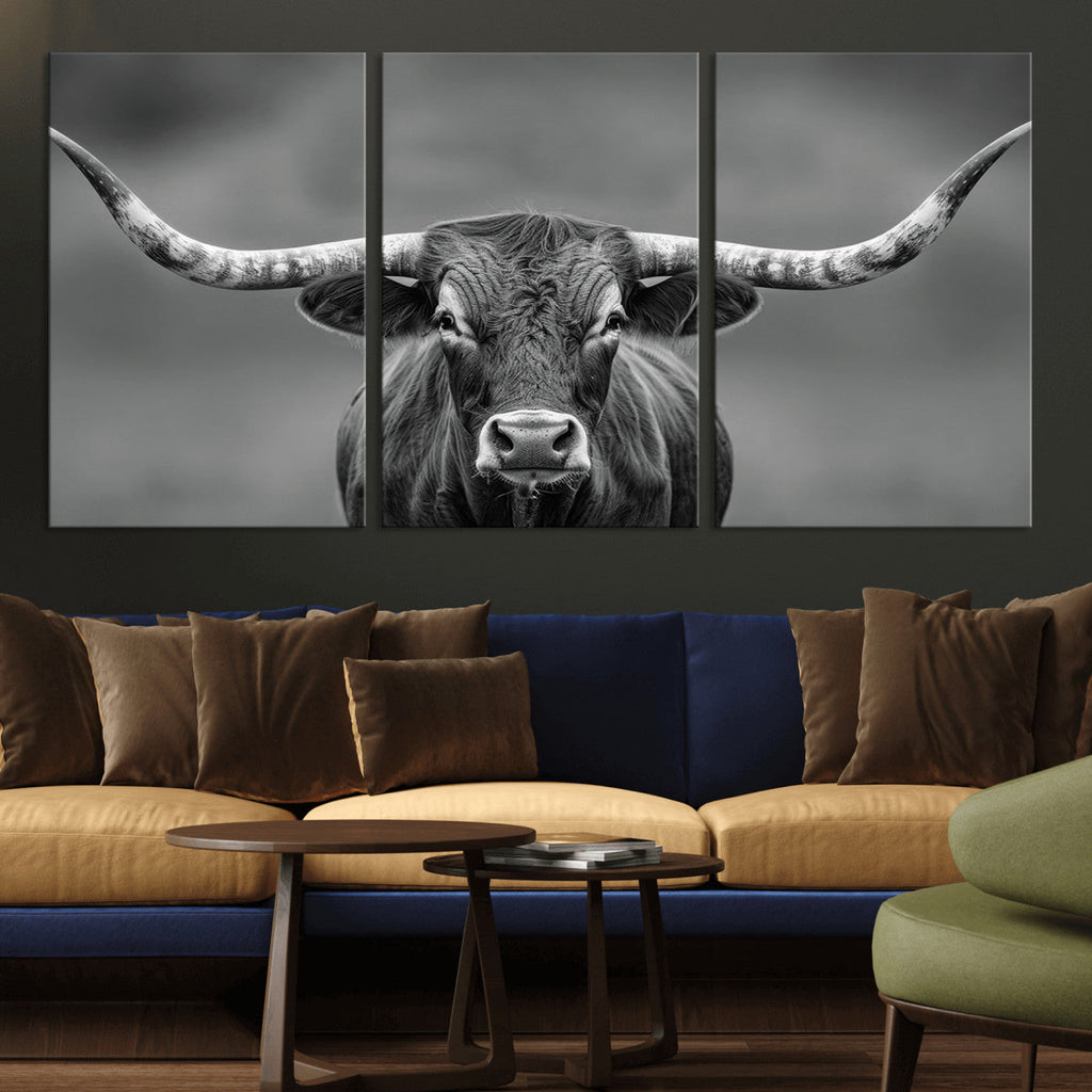 Texas Longhorn Wall Art Canvas Print, Framed Western Bull Photography, Rustic Log Cabin Decor