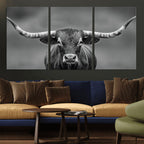 Texas Longhorn Wall Art Canvas Print, Framed Western Bull Photography, Rustic Log Cabin Decor