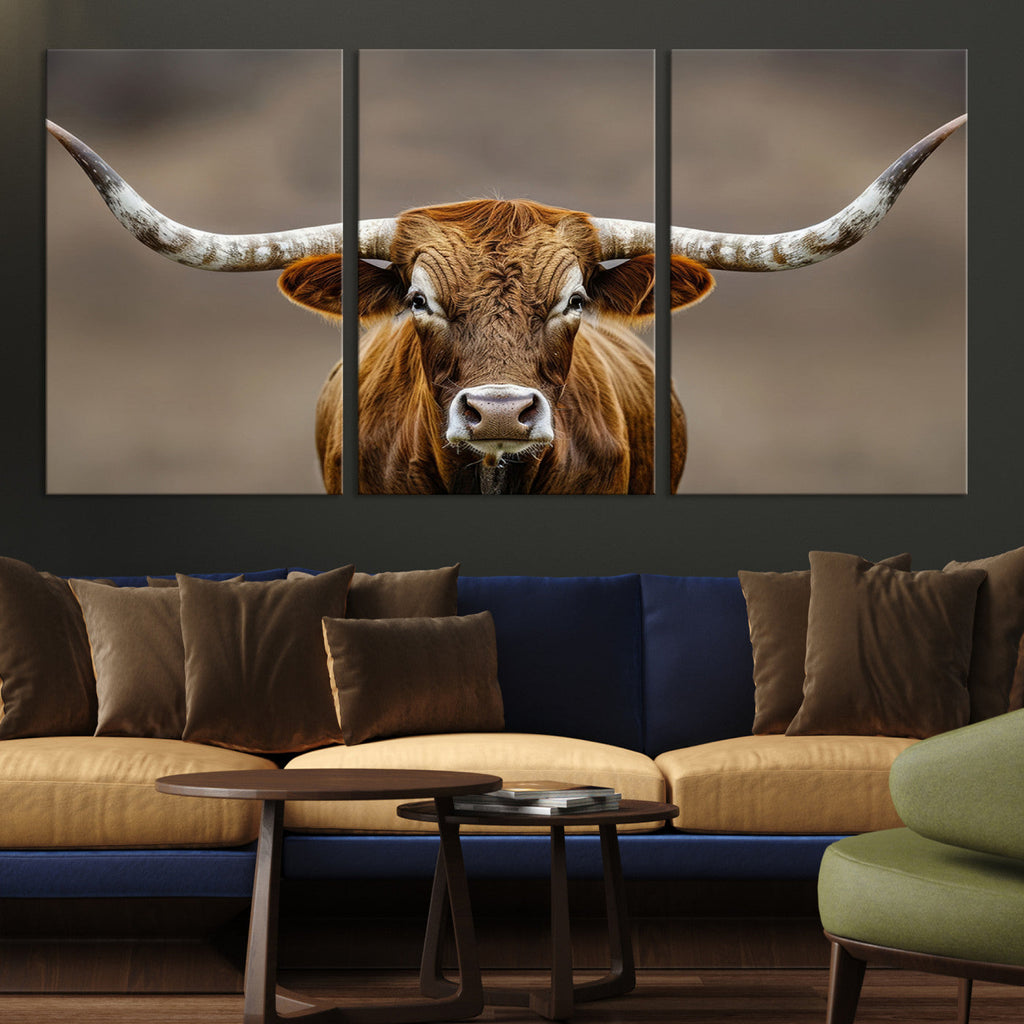 Texas Longhorn Wall Art Canvas Print | Rustic Brown Bull Western Decor