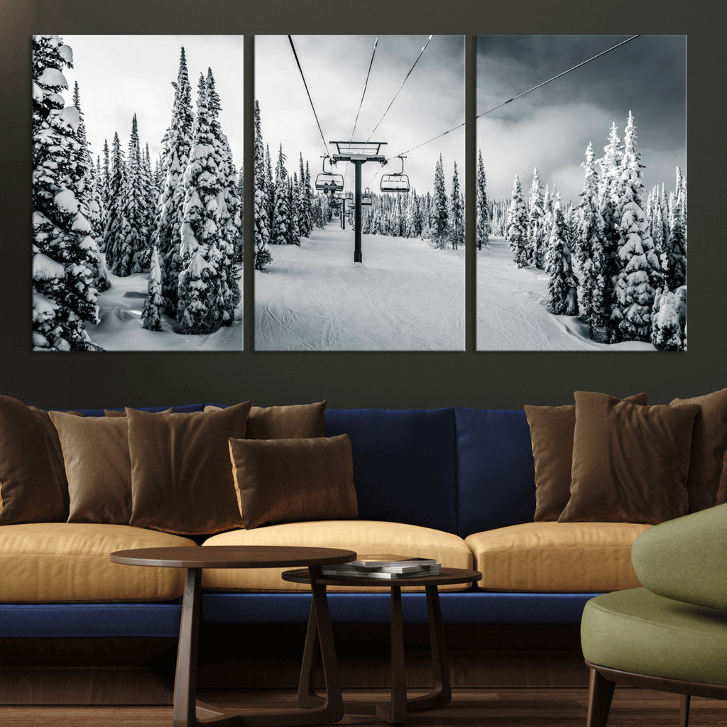 Snowy Pines Wall Art Canvas Print | Ski Lift in a Winter Forest