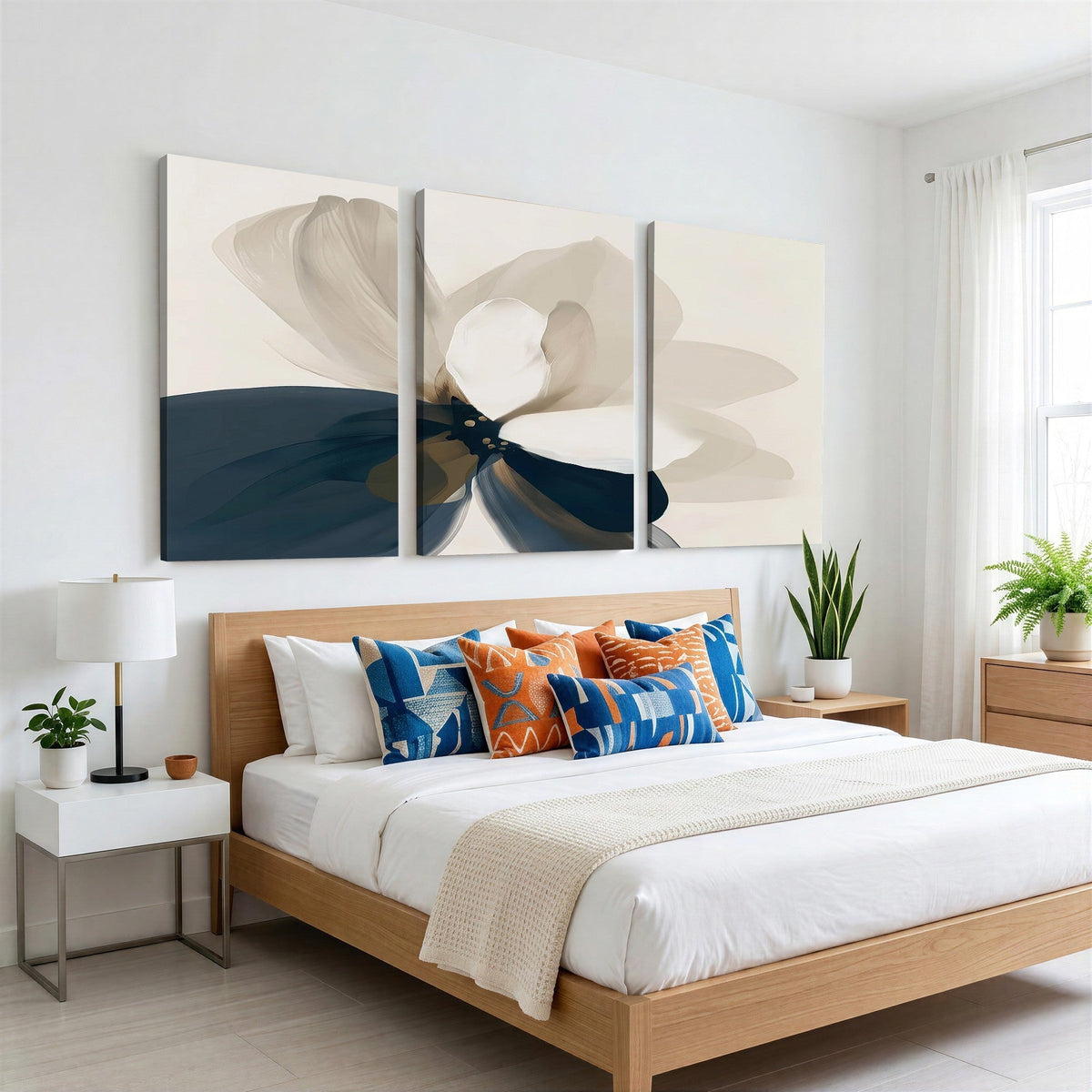 Minimal Flower Wall Art Canvas Print | Framed Beige and Navy Bloom