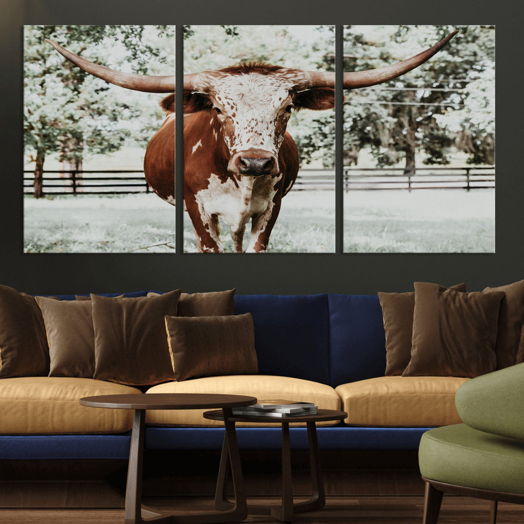 Texas Longhorn Wall Art Canvas Print | Framed Spotted Brown and White Bull