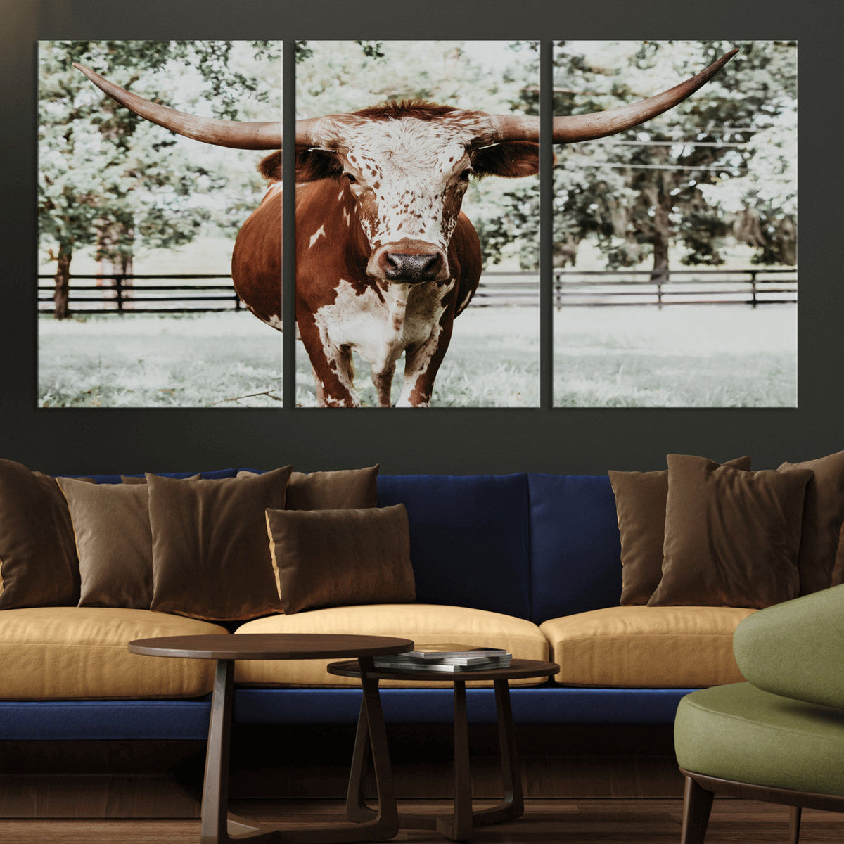 Texas Longhorn Wall Art Canvas Print | Framed Spotted Brown and White Bull