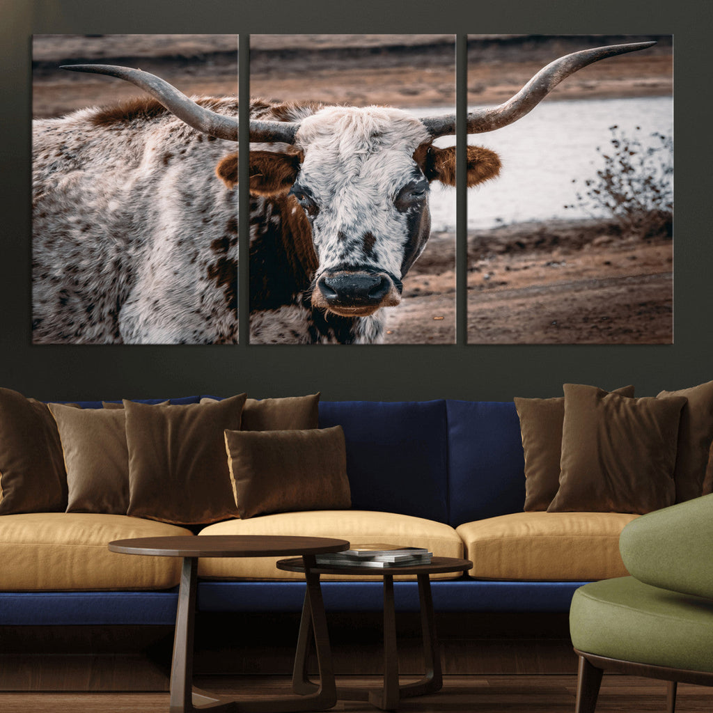 Texas Longhorn Wall Art Canvas Print | Framed Brown and White Spotted Longhorn