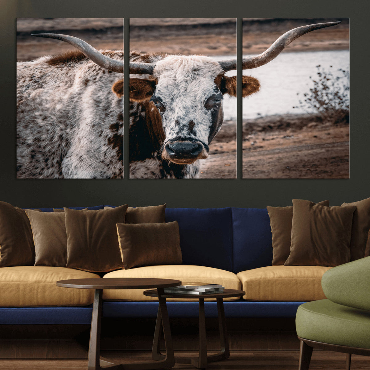 Texas Longhorn Wall Art Canvas Print | Framed Brown and White Spotted Longhorn