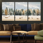 Elk Herd Wall Art, Framed Snowy Forest Canvas Artwork