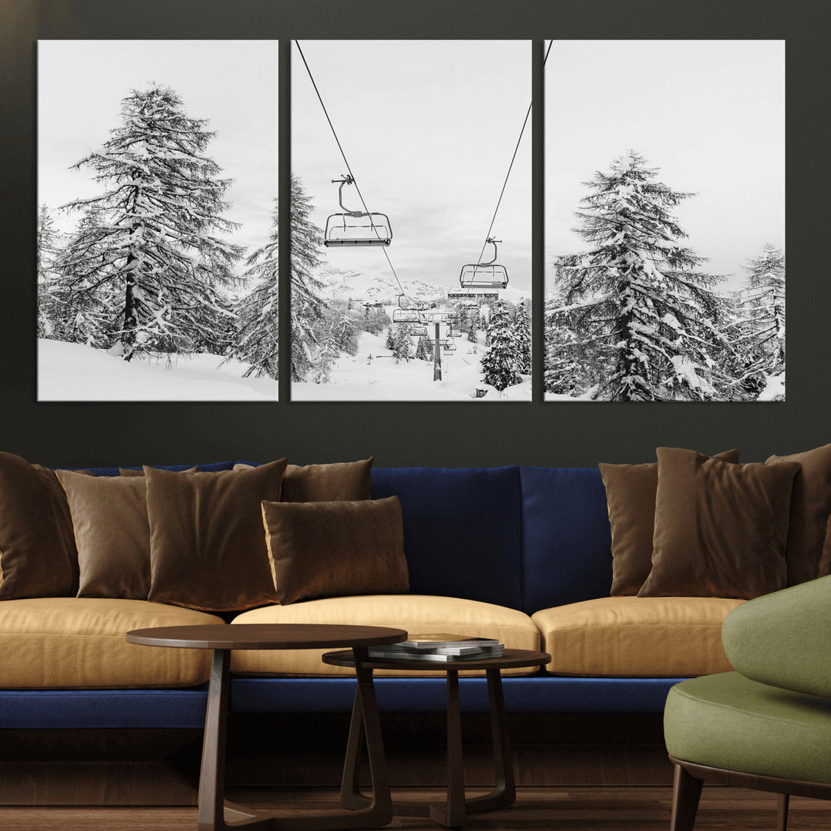 Snowy Ski Lift Wall Art | Framed Winter Forest Canvas