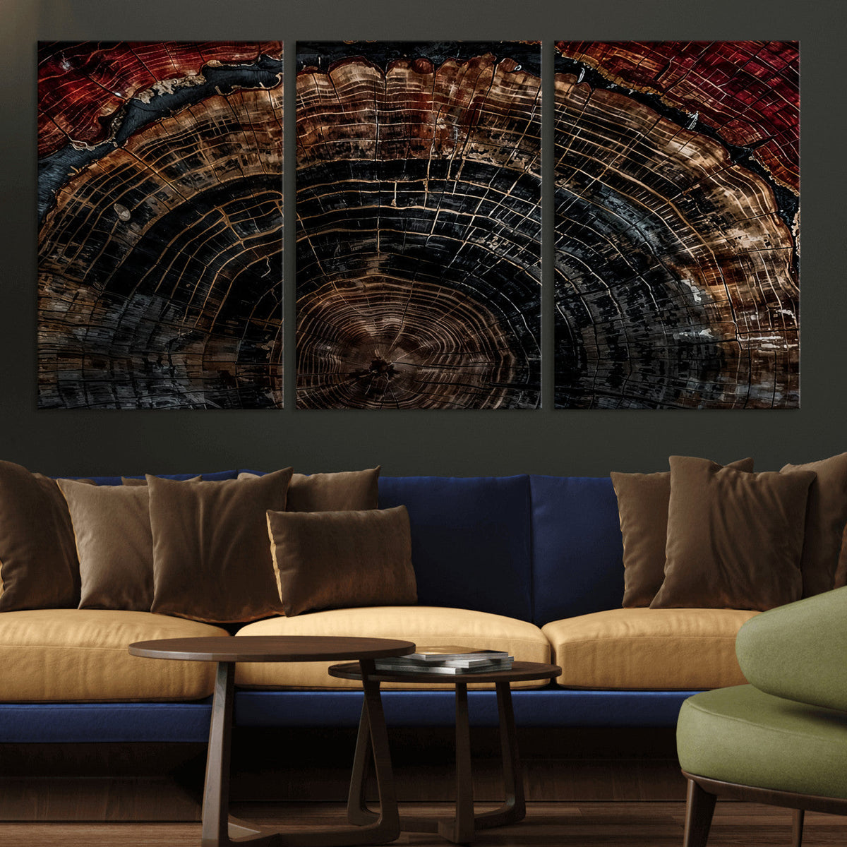 Dark Wood Ring Wall Art Canvas Print, Framed Abstract Tree Slice Print, Rustic Wood Grain Decor