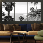 Palm Trees Wall Art Canvas Print, Framed Coastal Ocean Horizon Monochrome Art