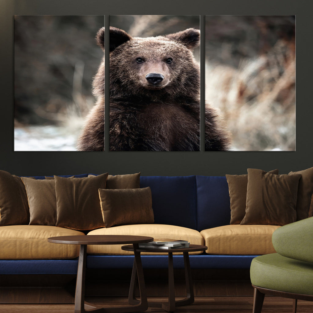 Brown Bear Wall Art Canvas Print, Framed Majestic Woodland Wildlife Cabin Art