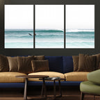 Surfing Wall Art Canvas Print, Framed Minimalist Ocean Waves Beach Art