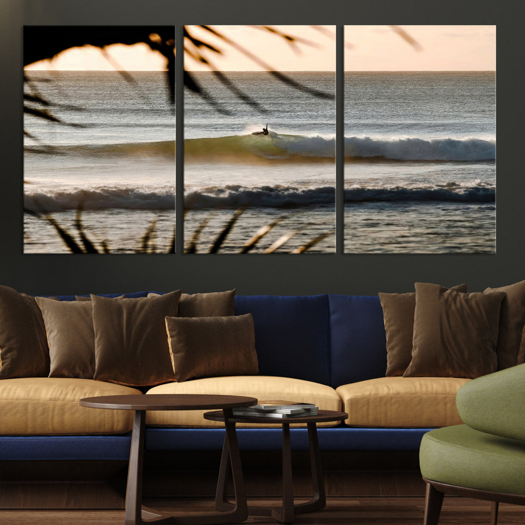Sunset Surf Wall Art Canvas Print, Framed Golden Hour Waves Boho Beach Art