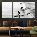 Surfers on Waves Wall Art Canvas Print | Framed Black and White Surf