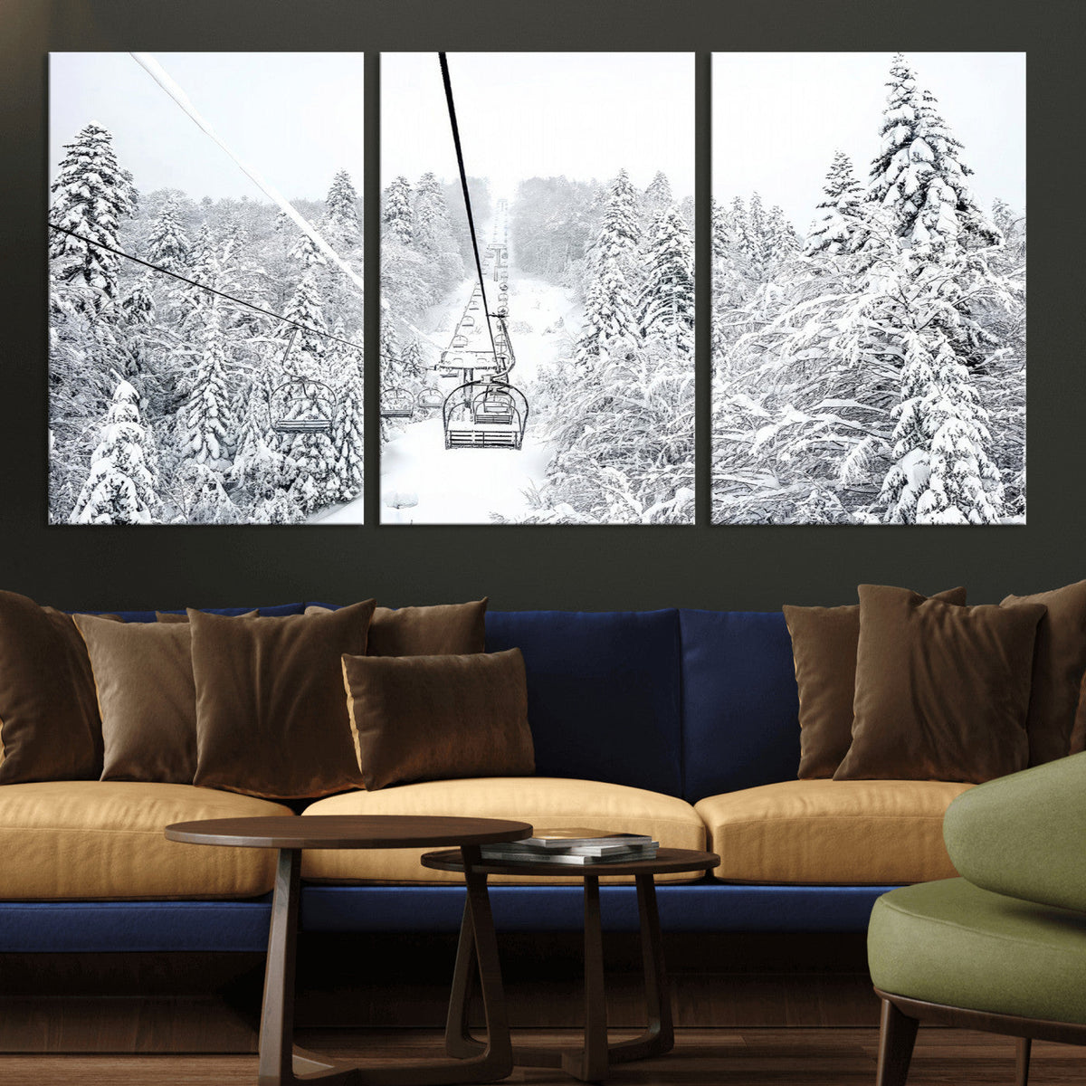 Snowy Ski Lift Wall Art | Framed Winter Mountain Canvas