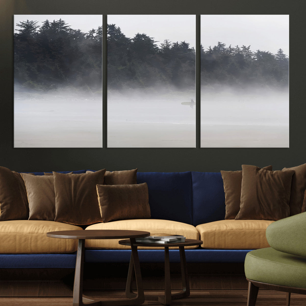 Surfer Fog Wall Art Canvas Print, Framed Foggy Beach and Coastal Surf Scene