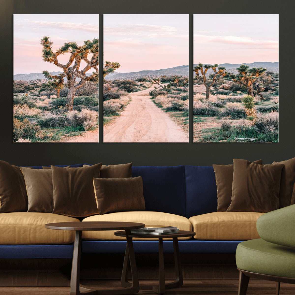 Joshua Tree Wall Art Canvas Print, Framed Desert Road Scene at Sunset