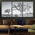 Joshua Tree Wall Art Canvas Print, Framed Black and White Desert Landscape Artwork