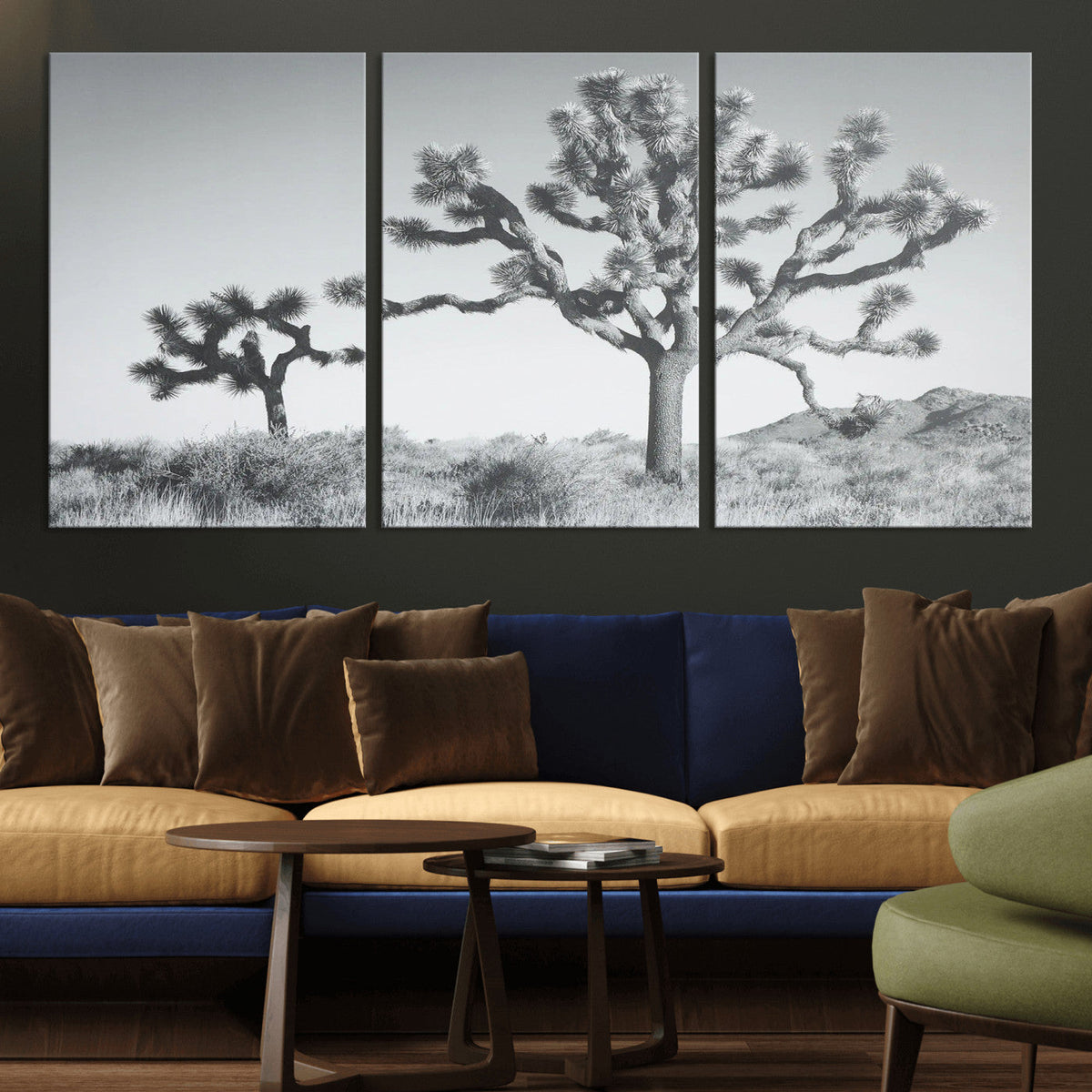 Joshua Tree Wall Art Canvas Print, Framed Black and White Desert Landscape Artwork