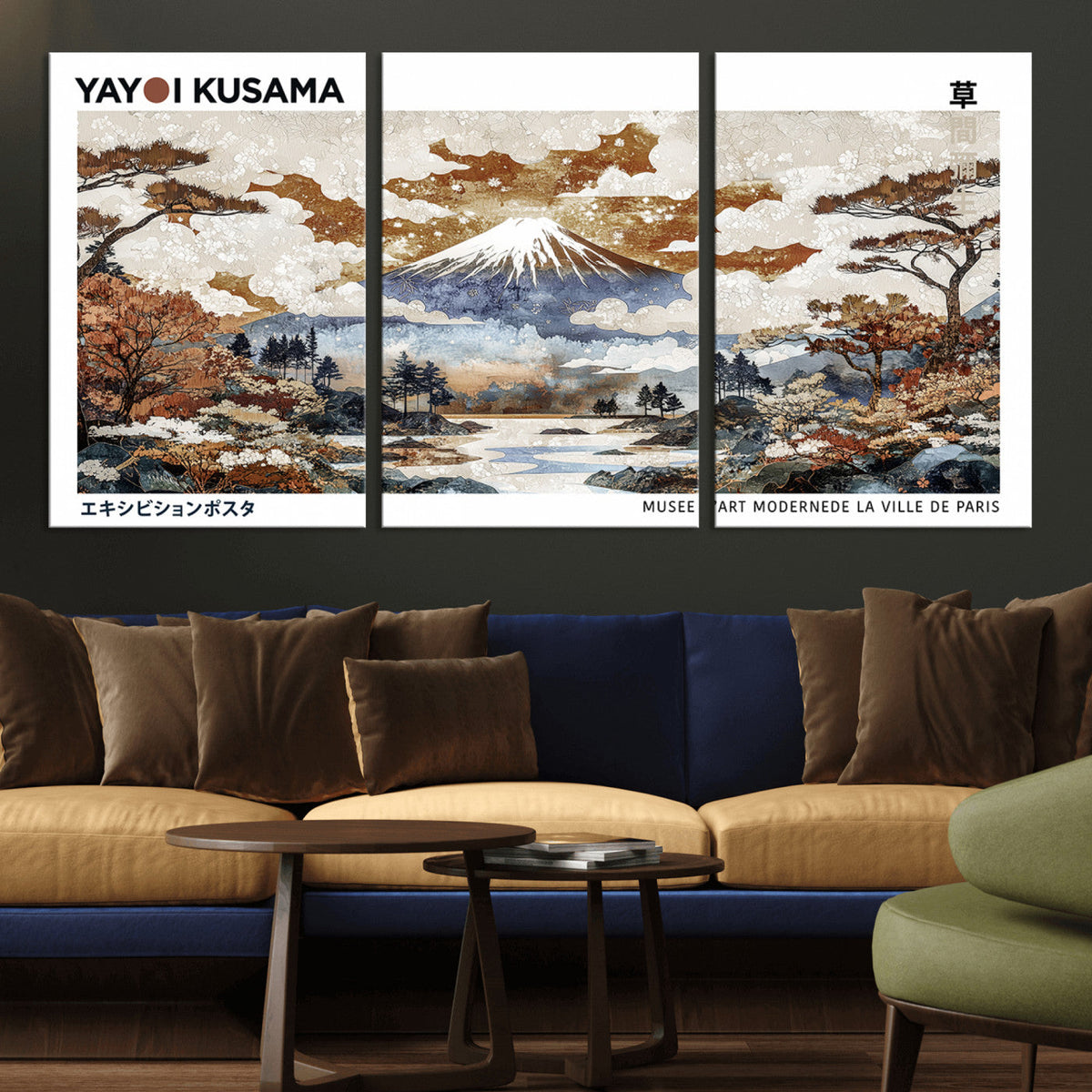 Modern Japanese Wall Art Canvas Print, Framed Abstract Mount Fuji Landscape, Yayoi Kusama Canvas Wall Art