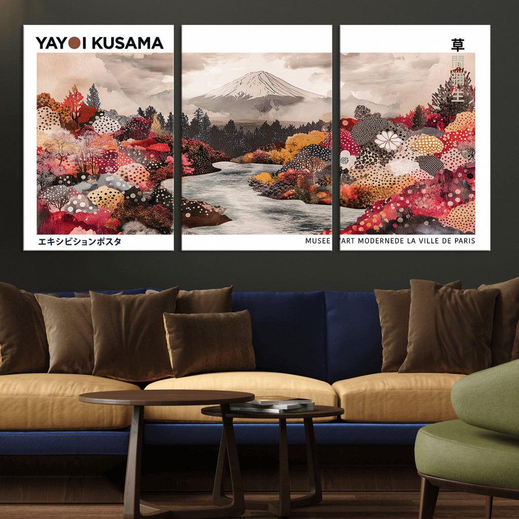 Modern Japanese Wall Art Canvas Print, Framed Abstract Mount Fuji Art, Yayoi Kusama Japanese Landscape