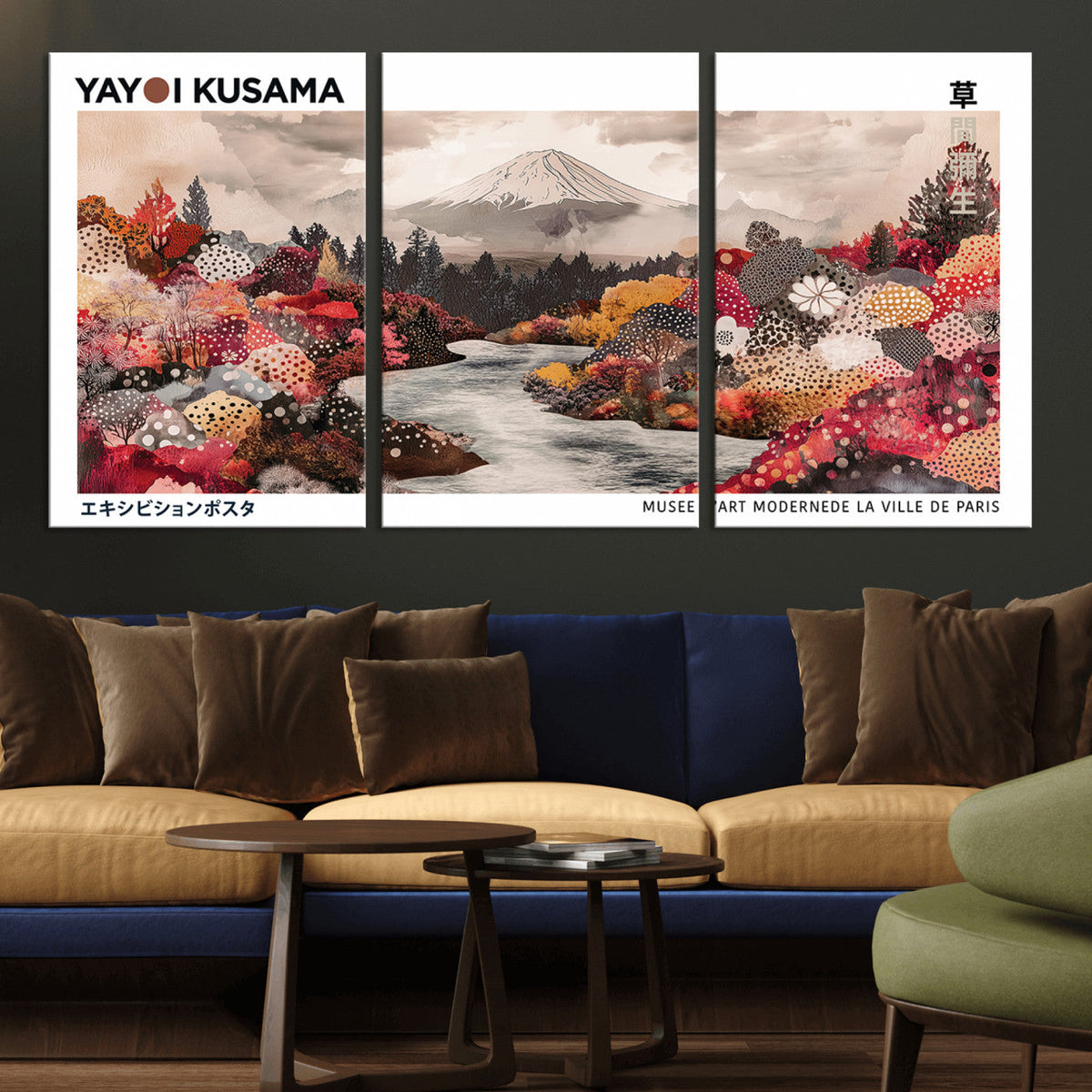 Modern Japanese Wall Art Canvas Print, Framed Abstract Mount Fuji Art, Yayoi Kusama Japanese Landscape