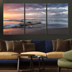 Golden Hour Wall Art Canvas Print, Framed Tranquil Waves Beach Sunset