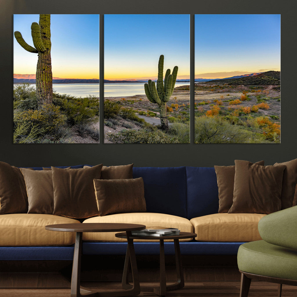 Saguaro Cactus Wall Art Canvas Print, Framed Desert Sunset Southwestern