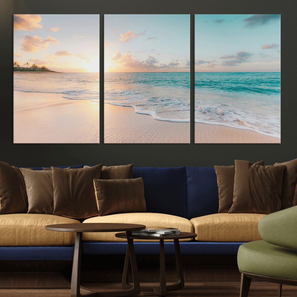 Beach Sunset Wall Art Canvas Print, Framed Ocean Waves Summer Escape