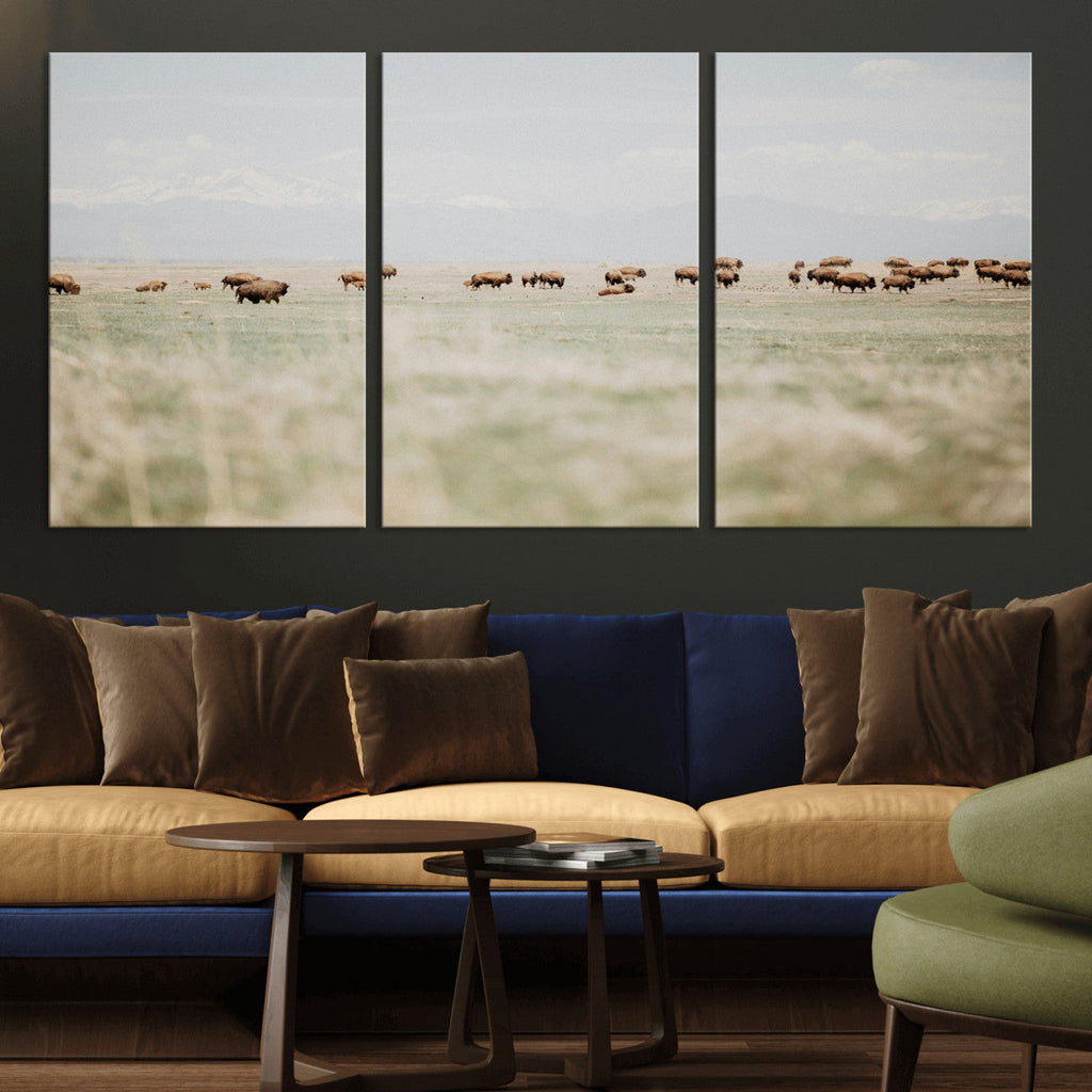 Bison Herd Wall Art Canvas Print, Framed Western Ranch Nature Scene