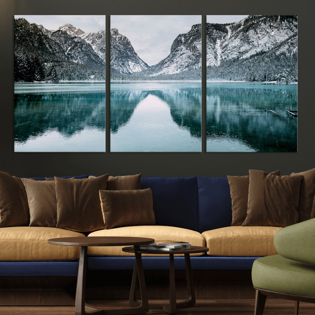 Mountain Lake Wall Art Canvas Print, Framed Toblacher See Winter Wonderland