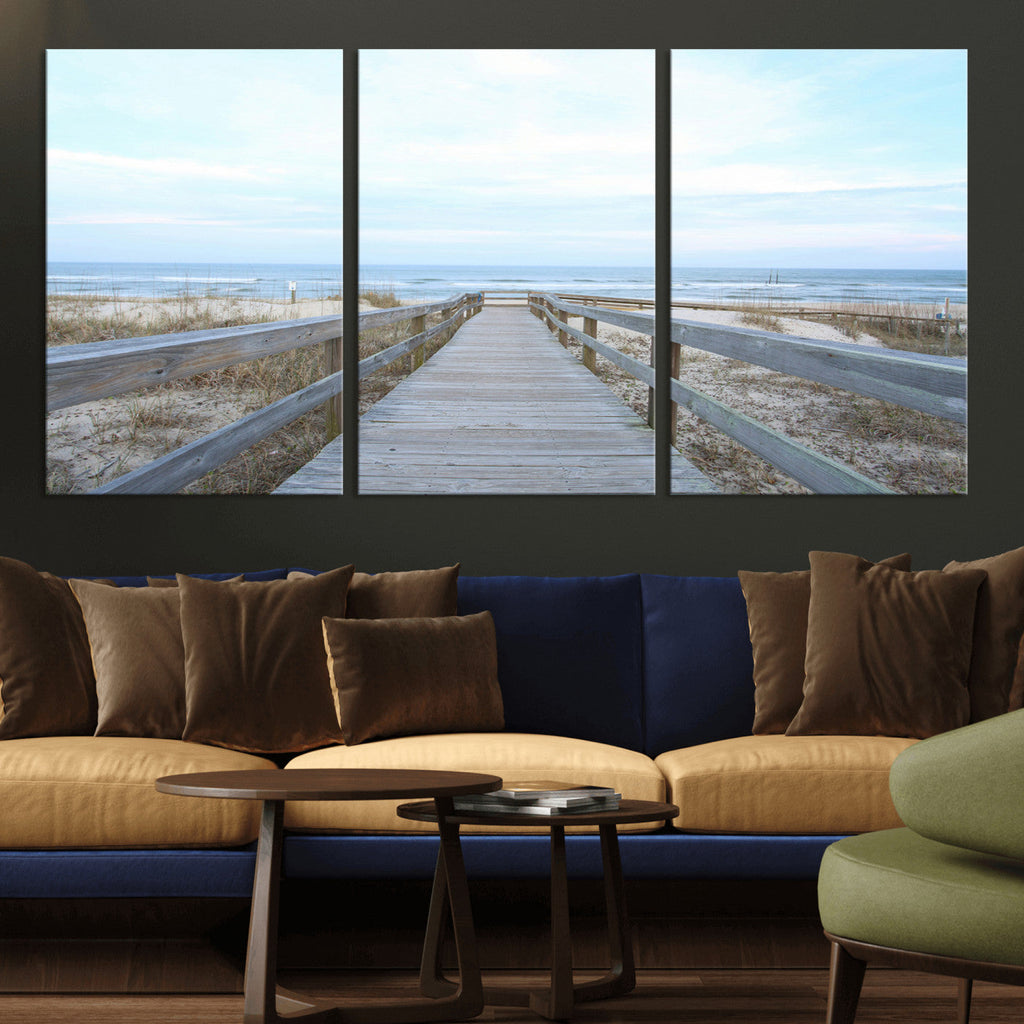 Beach Boardwalk Wall Art Canvas Print, Framed Coastal Serenity Ocean View